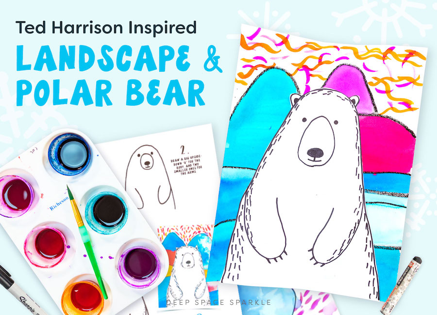 ted harrison inspired landscape and polar bear art project for kids