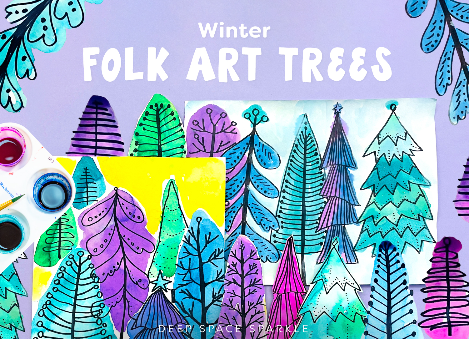 Winter Folk Art Trees | Easy art lesson for kids using marker and watercolor to make colorful simple winter trees