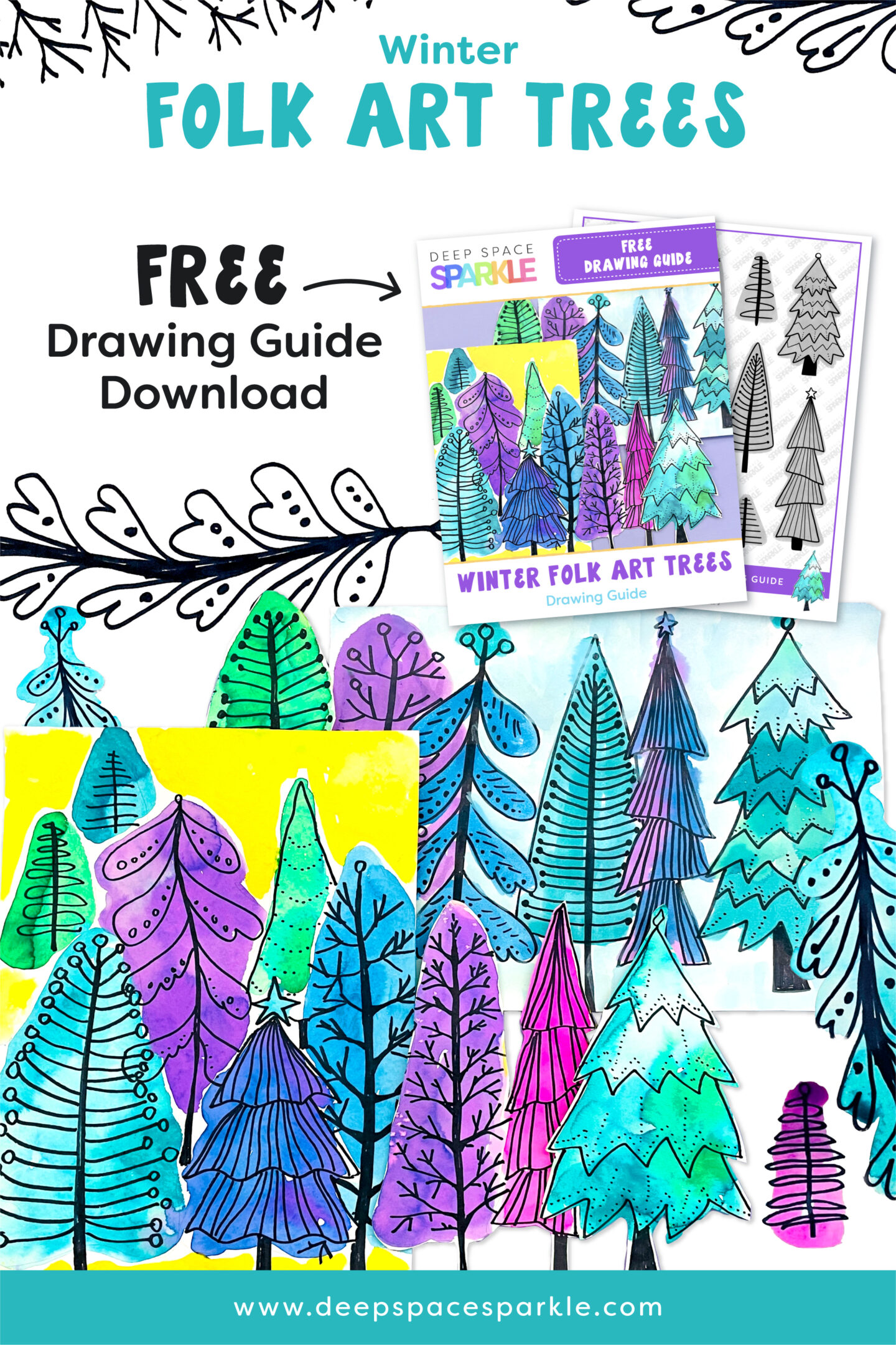 Winter Folk Art Trees | Easy kids winter art lesson with markers and watercolors