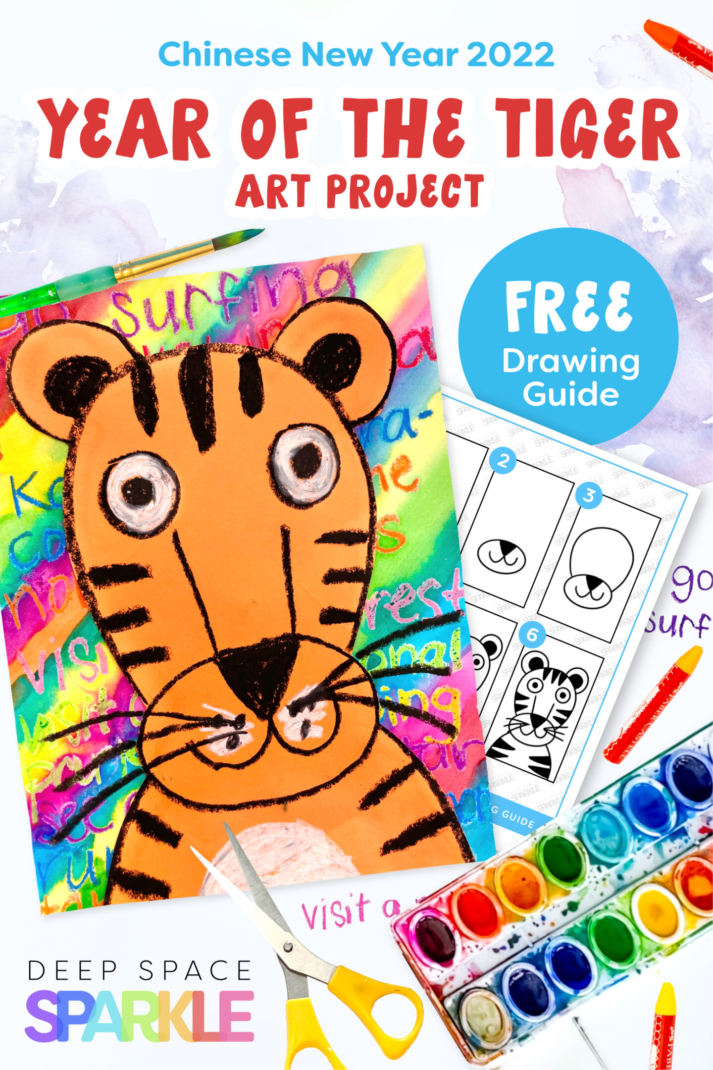 Chinese New Year 2022 the Year of the Tiger art project for students in the art room classroom with free drawing guide to print