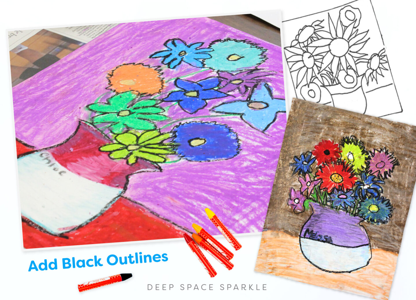 Add-Black-Outlines-Oil-Pastel-Van-Gogh-Sunflowers spring art lesson for kids