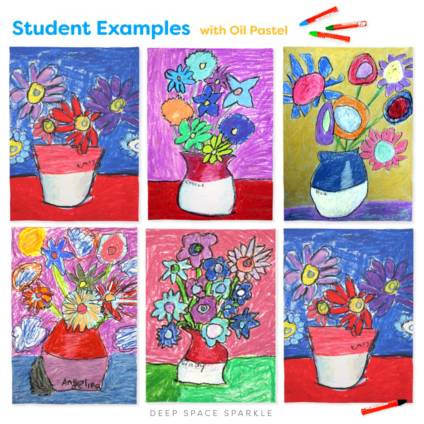 Oil-Pastel-Student-Examples-Van-Gogh-Sunflowers spring art lesson for kids