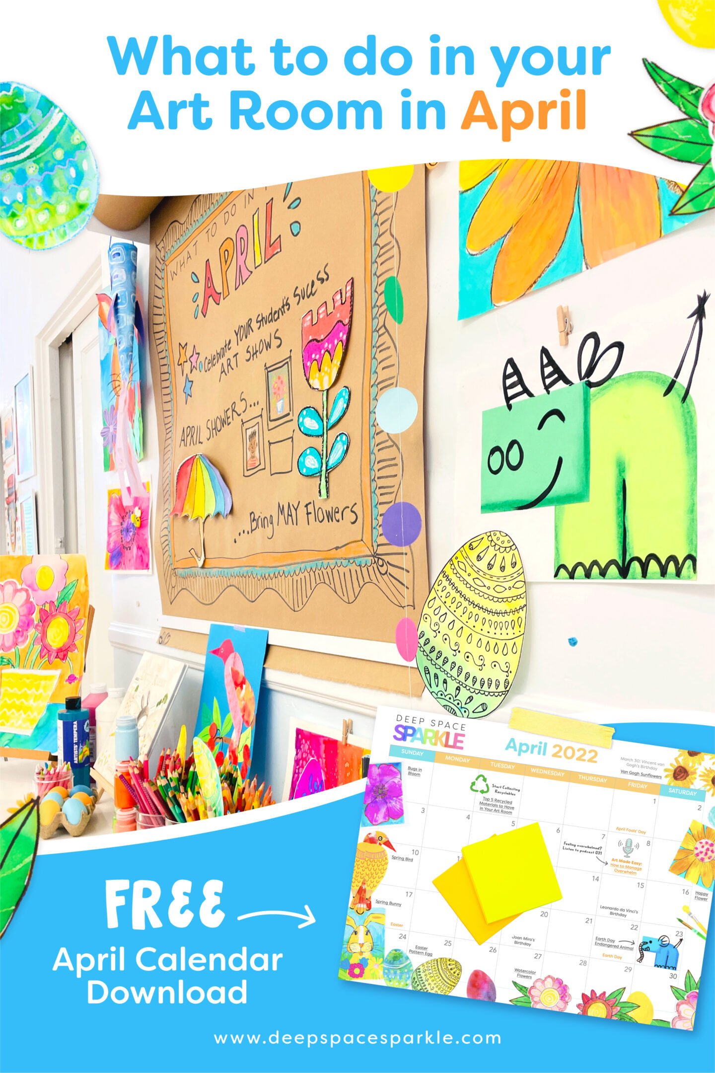 What to do in your art room in april; Spring Art projects for kids; free April art calendar download