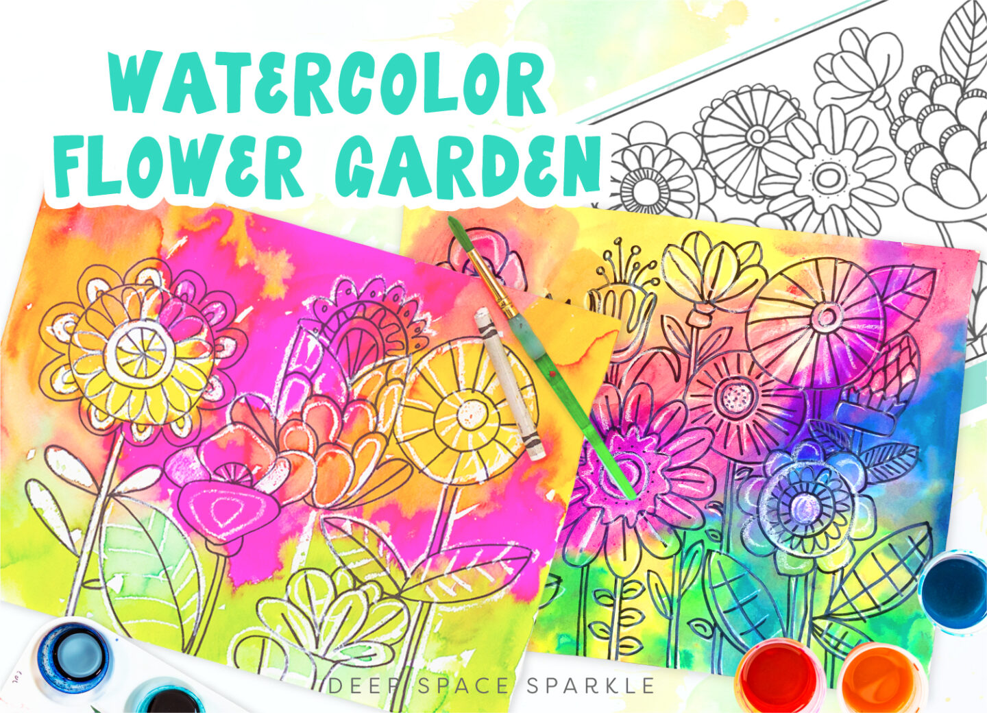 Flower Garden Drawing Guide Spring or Summer Art Lesson for Kids using Watercolor Resist Method