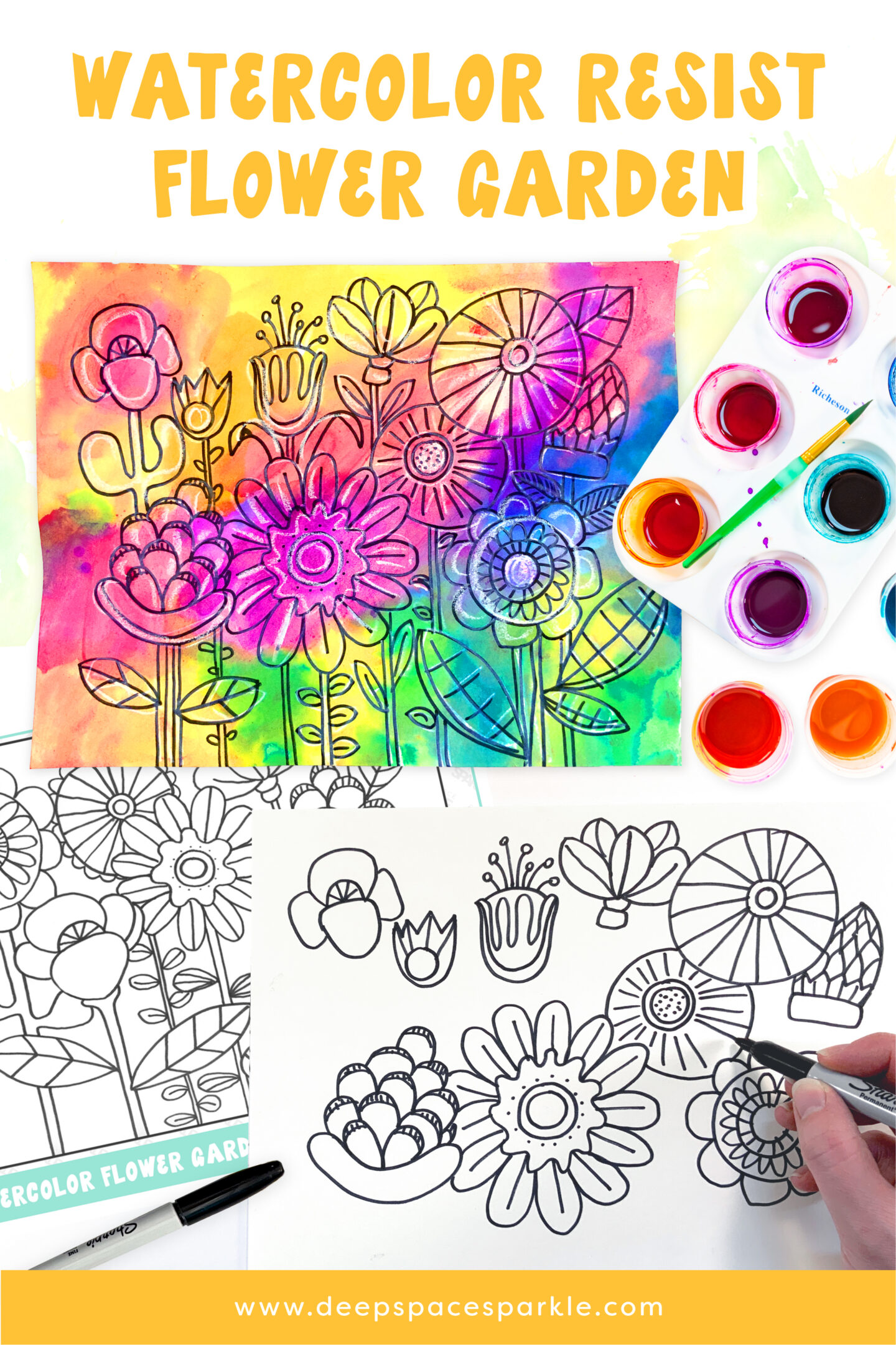 Watercolor Flower Garden Drawing Spring or Summer Art Lesson for Kids using Watercolor Resist Method